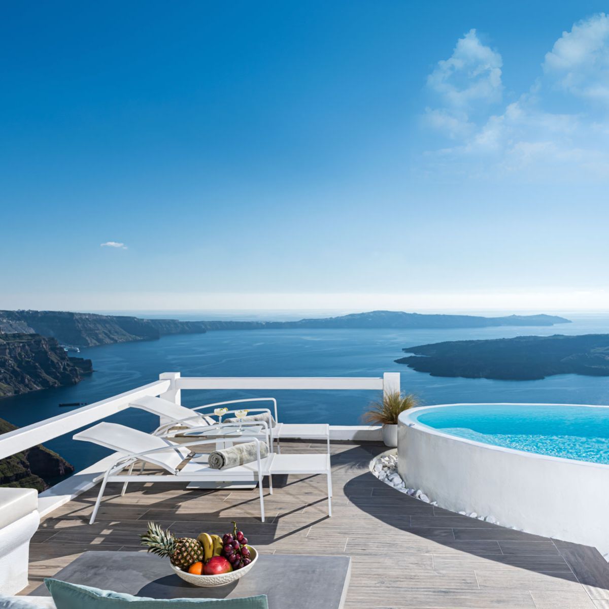 Aqua luxury suites in Santorini imerovigli, Interior design of luxury suites with private pool
